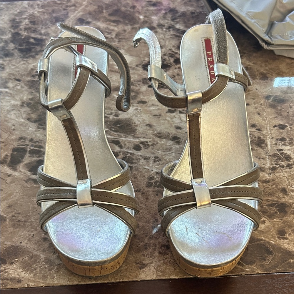 Prada Metallic Silver and Tan Women's Sandals